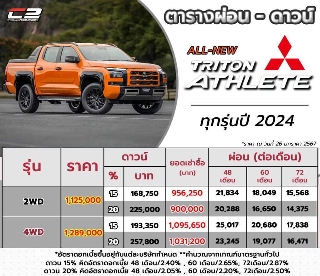 ราคาตารางผ่อน ดาวน์ 2024 Mitsubishi Triton Athlete ทุกรุ่นย่อย ผ่อน