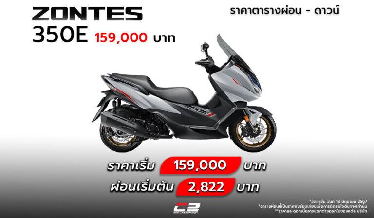 ราคาตารางผ่อน – ดาวน์ 2025 ZONTES 350E ผ่อนเริ่มต้น 2,822 บาท
